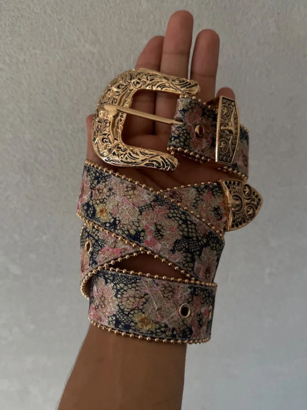 Pink Floral Jacquard Gold Western Buckle Belt